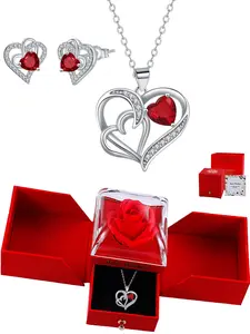 Double Heart Shaped Pendant Jewelry Set with Birthstone Necklace & Silver Color Ear Studs, Ideal Love Gift with Forever Rose Gift Box for Wife Mom Girlfriend