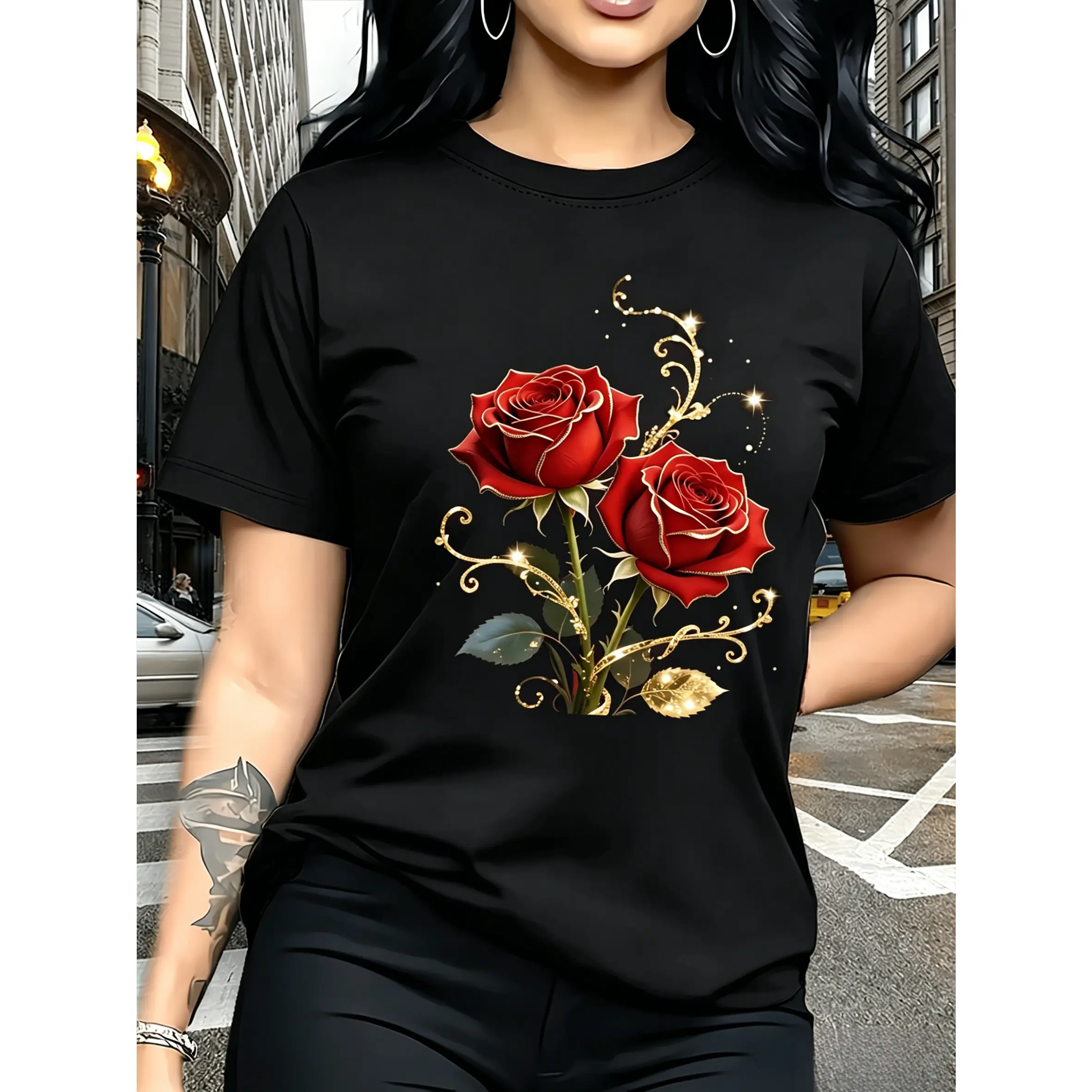 Women's True-to-Size 100% Cotton Short-Sleeve T-Shirt - Red Rose & Gold Accent, Asymmetrical Sparkly Floral Print, Classic Fit Clothes, All Seasons Casual Basic Tee, Machine Wash, Do Not Bleach, Christmas