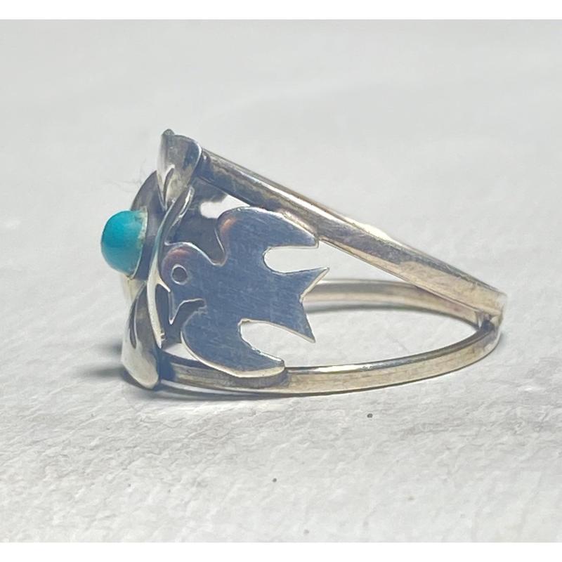 Turquoise ring size 8.25 flower bird 4 leaf clover good luck Mexico sterling silver band women girls