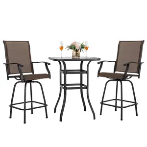 3 Piece Outdoor Patio Swivel Bar Stool Set with Glass Table, All-Weather Textilene