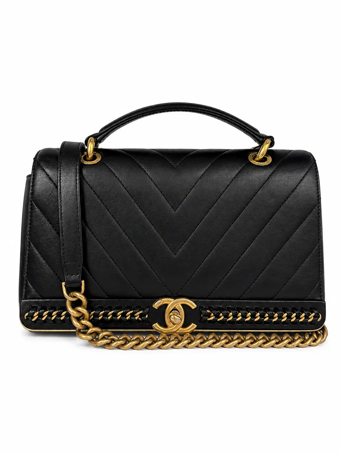 Pre-owned CHANEL Leather Top Handle Bags Quilted Chevron Top Handle Flap Handbag 13106407