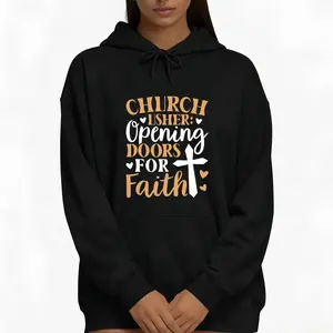 Black Long Sleeve Hoodie Featuring "CHURCH," "USHER," "DOORS" in Bold Orange & White – Perfect for Church Events