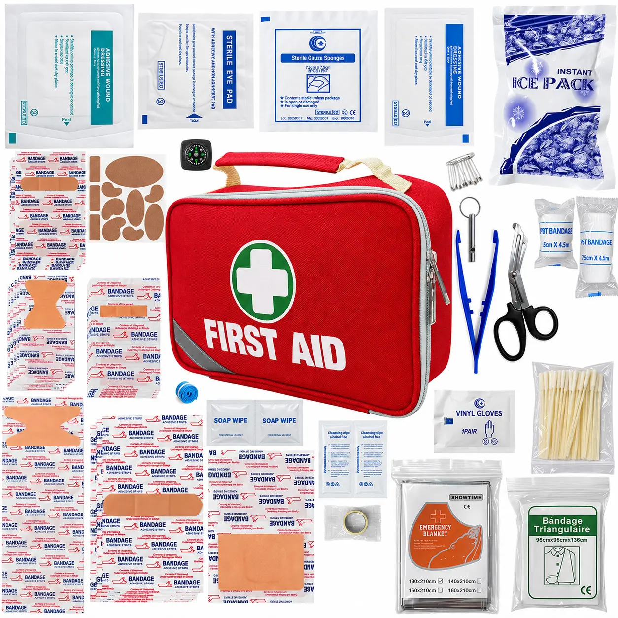 155pcs First Aid Kit Emergency Medical Bag - Complete Survival Kit with Adhesive Bandages Gauze Scissors Tweezers Ice Pack Sterile Supplies for Home Car Outdoor Travel Hiking Camping Sports Workplace