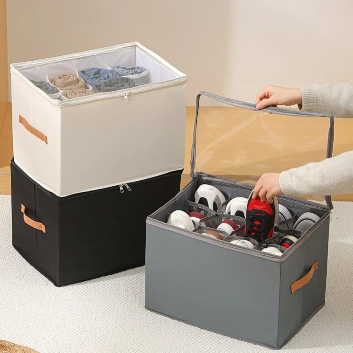 Foldable Fabric Shoe Storage Box Stackable Dustproof Breathable Organizer with Lid one box holds 12 shoes 6 pairs for closet bedroom home