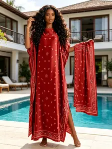 2026 New Women's 2 Piece Red Bandana Print Kaftan Maxi Dress with Matching Scarf, Silky Loose Satin Robe, Plus Size Friendly, Beach Cover Up, Resort Vacation & Evening Party Wear
