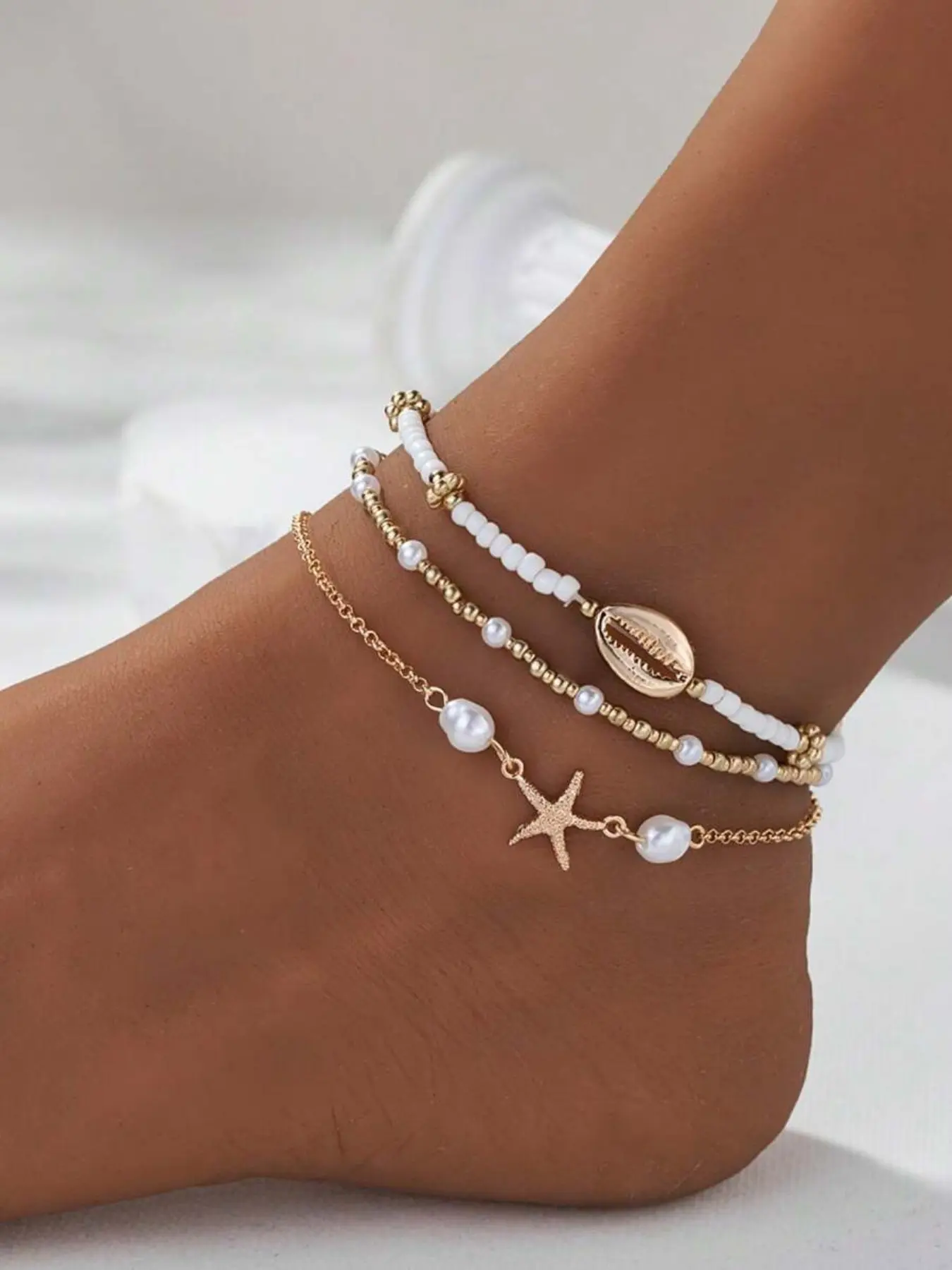 Bohemian Beaded Ankle Chain Set, Boho Style Jewelry, Jewellery, Ocean Style Starfish Shell Pearl Anklet, Perfect for Summer Beach Vacation, Ideal Gift for Her