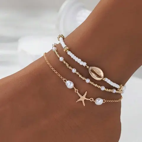 Bohemian Beaded Ankle Chain Set, Boho Style Jewelry, Jewellery, Ocean Style Starfish Shell Pearl Anklet, Perfect for Summer Beach Vacation, Ideal Gift for Her