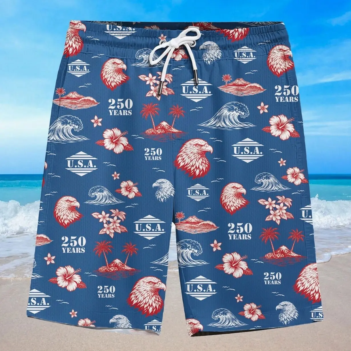 American Eagle USA Flag Hawaiian Shorts for 4th of July - Patriotic Beachwear for Men