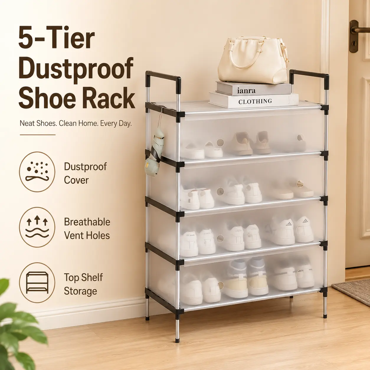5-Tier Dustproof Shoe Rack with Cover, Black Carbon Steel Shoe Organizer for Entryway Closet Bedroom, Large Capacity Storage Shelf,  shoe storage system