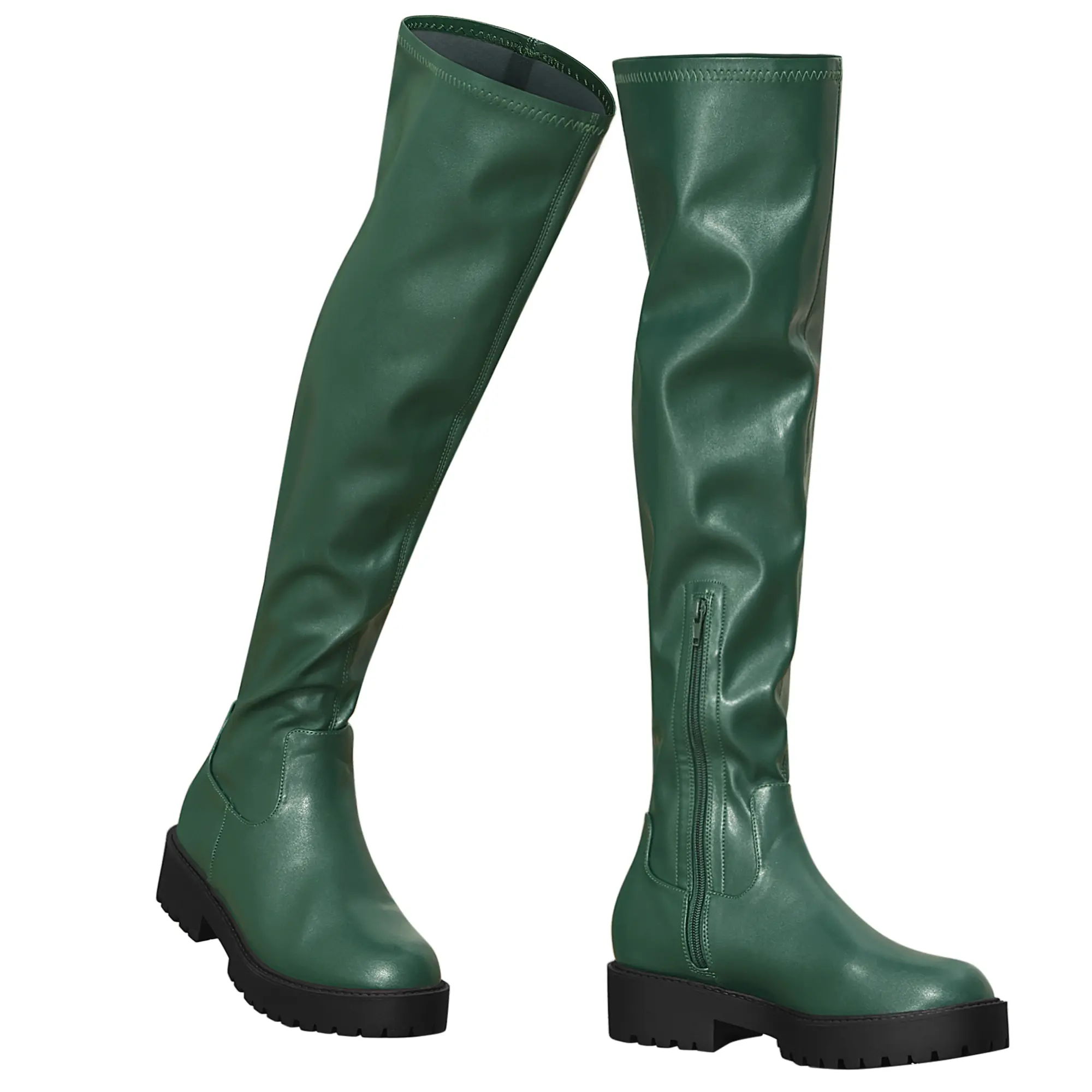 BLISSFUL STEP Women's Platform Round Toe Lug Sole Chunky Low Heel Over Knee Thigh High Boots