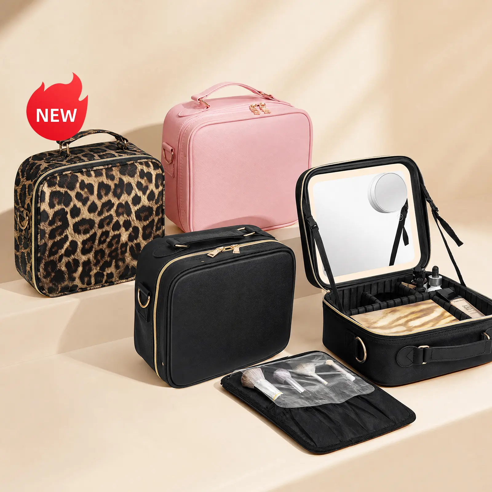 Makeup Bag with 3 Color Led Mirror, PU Leather Travel Cosmetic Bag Makeup Organizer Bag, Portable Makeup Case Adjustable Dividers Storage Box, Gift travelessentials