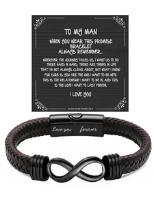 Engravable Leather Letter Link Bracelet for Men Boyfriend fiance Husband, Meaningful Anniversary & Christmas Gift Jewelry with Gift Card - Timeless Durable Cuff for Wedding, Valentine's Day, Birthday - Personalized Romantic Gift for Him