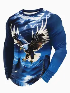 Men's Casual Sport Long Sleeve T-Shirt, 3D Blue Sky Flying Eagle Print, Comfortable Breathable Round Neck, Fashion Outdoor Party Tee