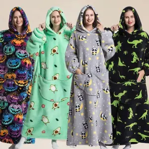 Autumn Winter Panda Print Cute Elegant Casual Home Long Robe, Hooded Pocket, Soft Comfortable Unisex Sleepwear