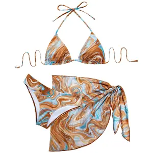 Women's Three Piece Sexy Triangle Bikini Set with Sheer Mesh Sarong Cover Up - Halter Swimsuit for Beach Vacation  SwimWeek  summervibes