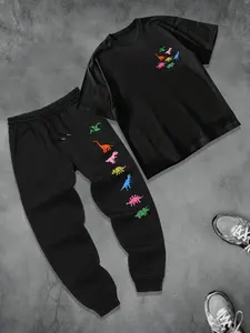 Unisex Fashionable Dinosaur Print Two-Piece Set, Short Sleeve T-Shirt with Jogger Pants for Casual Outings, Simple Style for Families and Couples