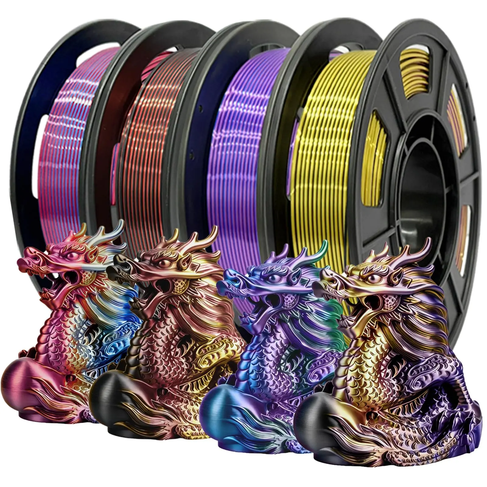 Tricolor Silk PLA+ 3D Printer Filament Bundle, Shiny Silk PLA+ Filament 1.75mm Pack, Shiny Multi Color Change, Smooth Multicolor PLA+ Filament for Christmas Decorations - 4 Spools 250g Each