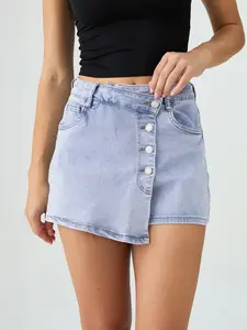 Women's Classy Casual Mid-Rise Fitted Asymmetric Button Denim Skorts, Vintage Street Womenswear, Cozy Spring & Summer Outfits, Versatile Women's Bottom