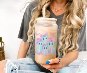 Blue Pink Colored Ghosts With Bow Halloween Iced Coffee Glass Cup with Lid and Straw 16 oz Halloween Iced Coffee Cup Ghost Themed Glass Tumbler Stylish Mug Drinkware Spooky