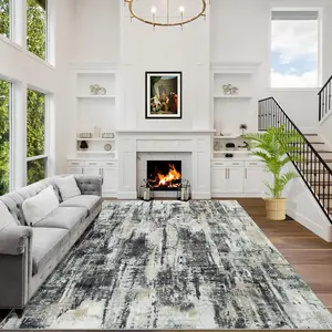 Large Modern Abstract Living Room Rug Soft Anti-Skid Thin Carpet Indoor Floor Non-Shedding Carpets for Bedroom Dining Farmhouse Nursery Home Office Black Grey Gold