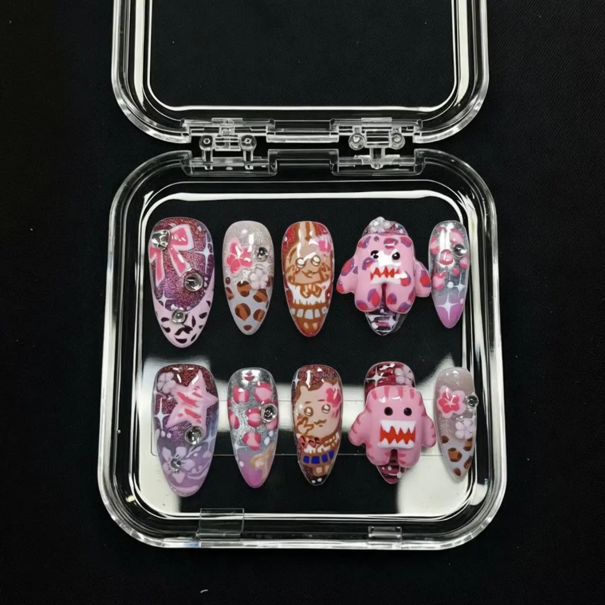 VibeCrush Nails - Y2K Kawaii Domo Inspired Press On Nails, Cute 3D Character Nails, Harajuku Pink Handmade Gel Nails, Maximalist Anime Style Press On