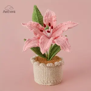 2026 Handmade Crochet Large White Lily Flower New Year Valentine's Gift Home Decor Elegant Tabletop Ornament for Bedroom Living Room Office Desktop Thoughtful Present for Lover Family Teacher Friend Anniversary Birthday Housewarming Gift