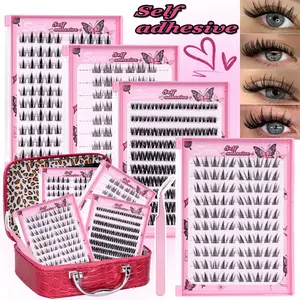 4 Styles Self-Adhesive Lash Cluster Kit, Makeup, Manga/Flora/Butterfly Eyelash Clusters Set, No Glue Needed Press On Lashes, Natural Look Pre-Glued Cluster Lashes, Ultra-Thin & Lightweight, Easy Apply for Beginners (D Curl, No Residue, Long Lasting)