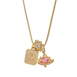 18K Gold Plated Letter Heart Necklace, Women's Pink Heart Pendant Letter Necklace, Personalized Letter Valentine's Day Gift
