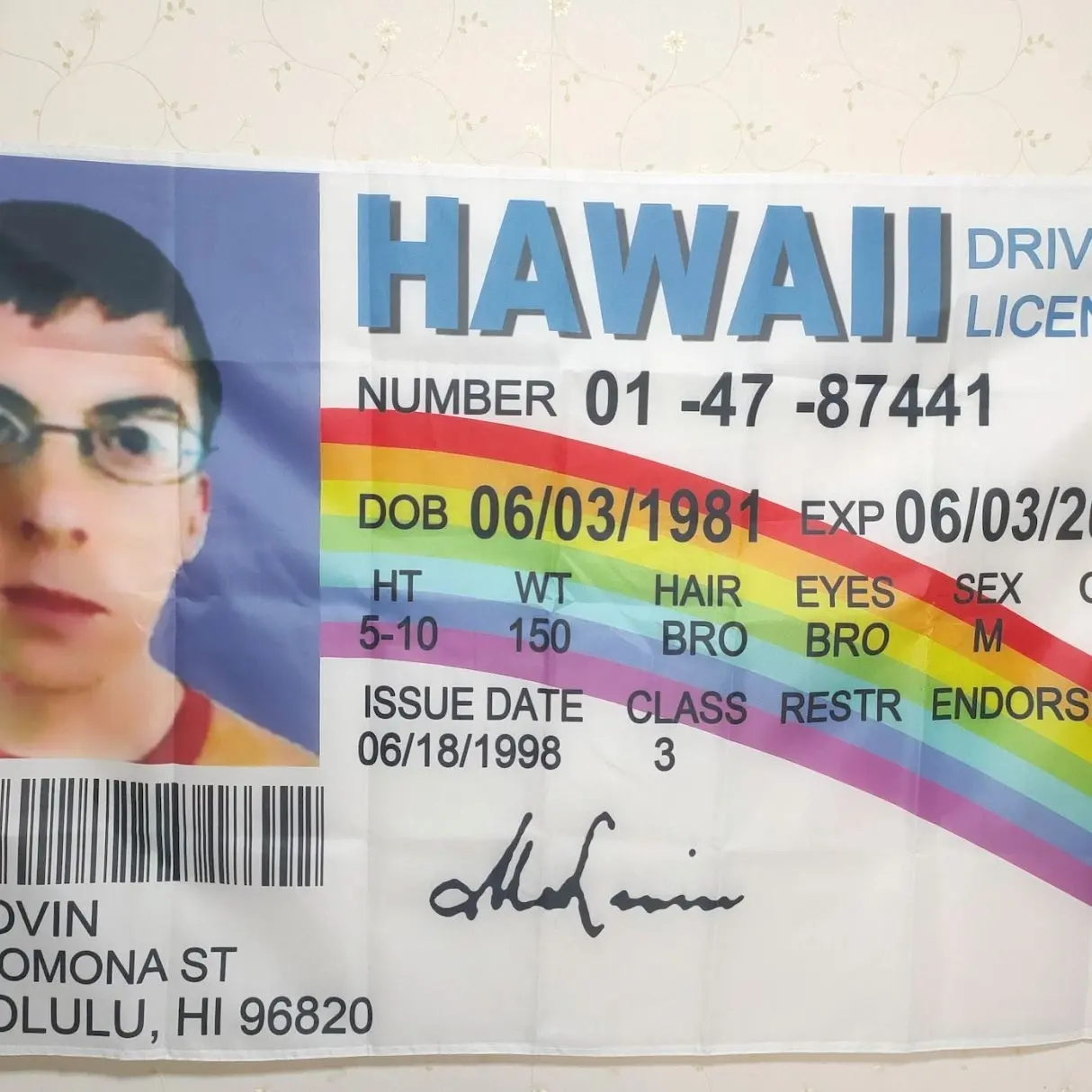 McLovin Driver License Flag: Funny Tapestry, 100D Polyester