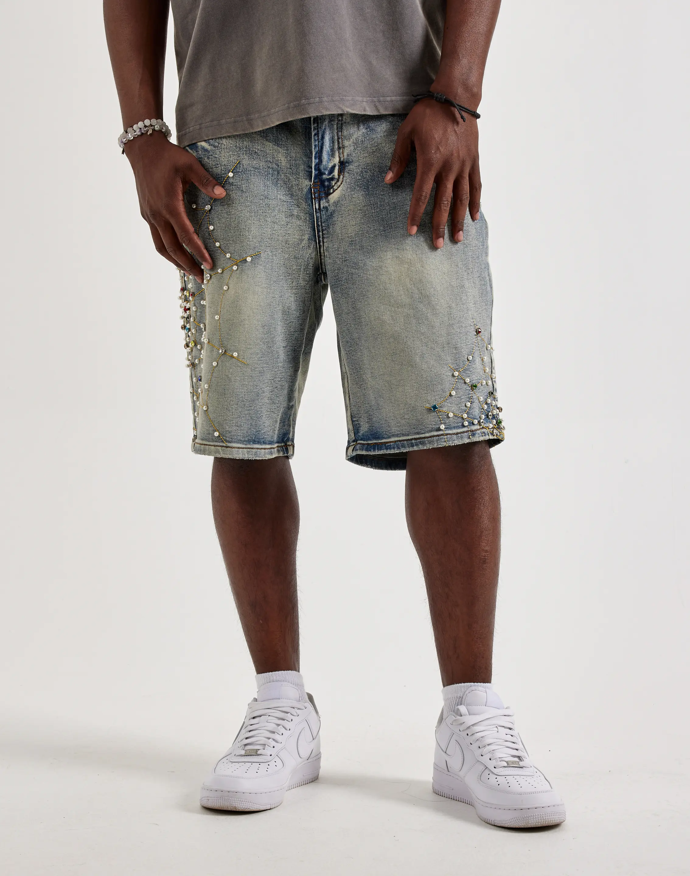 Mens Preme Embellished Spiderweb Denim Shorts