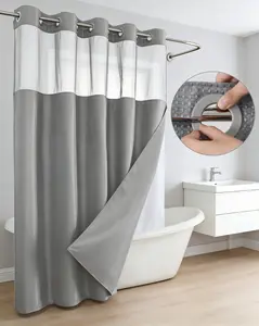 Hookless Pleated Textured Shower Curtain – Hotel Style with Clear Top Window. Lightweight and machine washable — includes fabric outer curtain and waterproof liner.