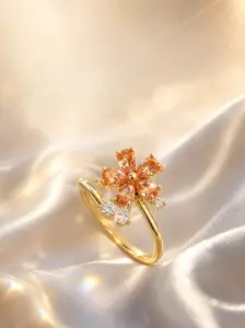 Gold Tone Crystal Orange Flower Spinner Ring for Women, Adjustable Statement Jewelry Gift