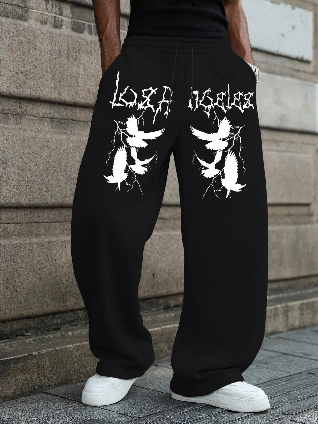 Men's Casual Sport Pants, Los Angeles & Pigeon Pattern Print, Drawstring Wide Leg, All Seasons Loose Fit, Graphic Style