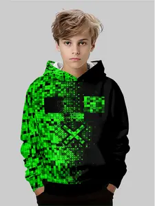 Boys Pixel Block Hoodie, Game Style Casual Fitted Sweatshirt, All over Print, Fall & Winter Fashion, Graphic Hoodie