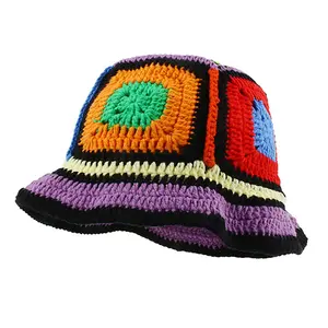 Women-Crochet-Hat-Knitted Floral Bucket-Hat-Handmade Plaid Fisherman-Hat-for-Women Fall-Spring-Winter-Summer