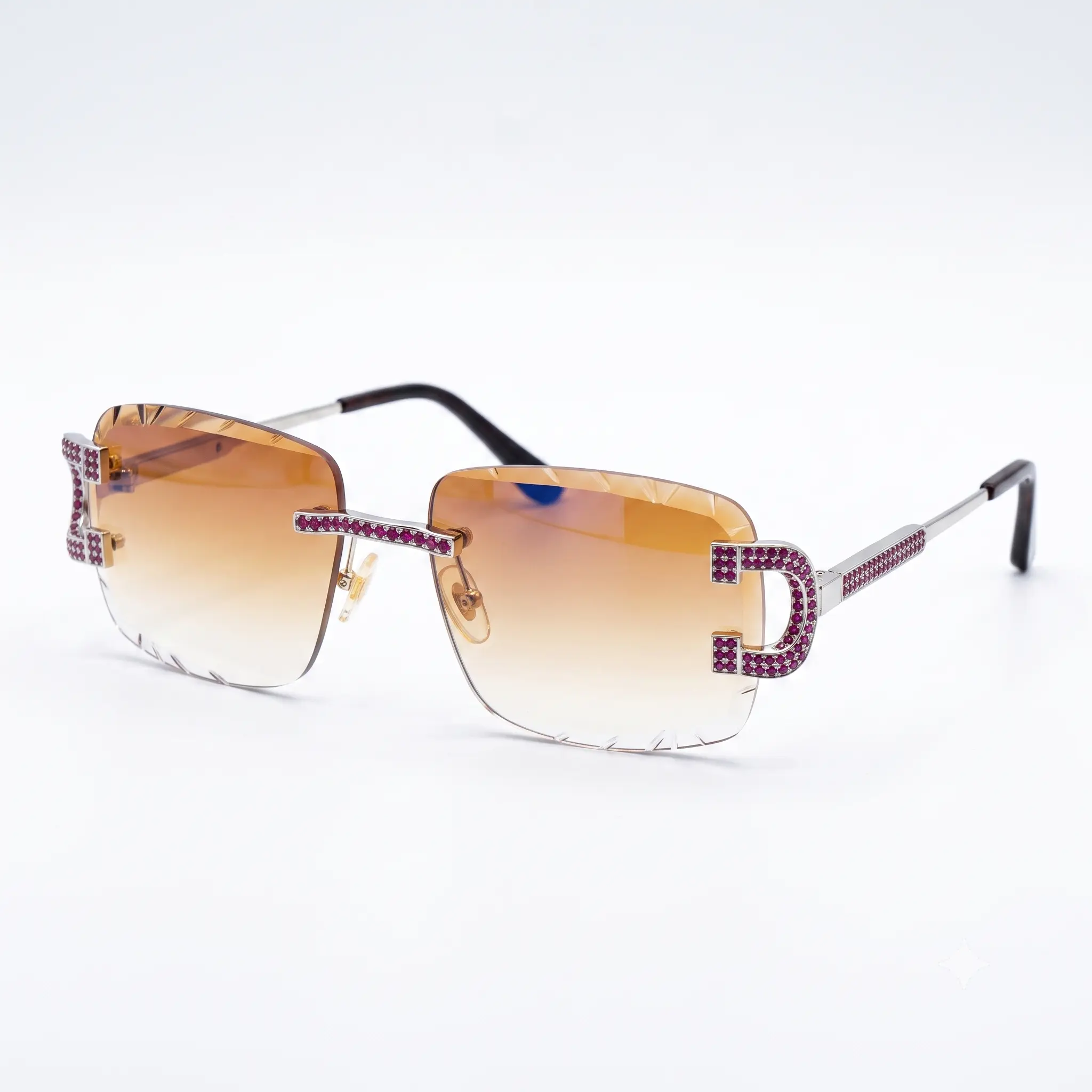 Iced Out Sunglasses for Men - 925 Sterling Silver Frame with VVS Moissanite, Cognac Tint UV Protection Lens, Passes Diamond Tester, Statement Frame Glasses, Glam, Metal, Light Brown / Cognac Tint, Brown Men's Sunglasses, Bold Frame