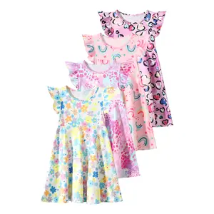 4-piece girls' casual fashion dress girls' summer print fashion Joker breathable dress children's small flying sleeves popular summer dress.