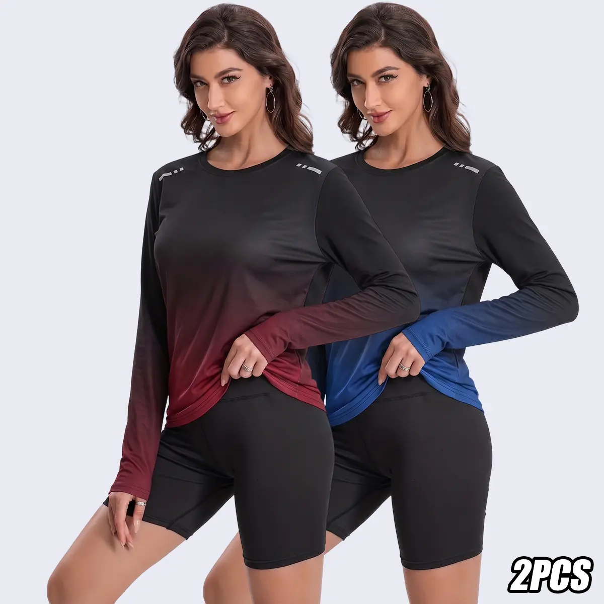 2PCS Women’s Gradient Color Long Sleeve T-Shirts — Breathable gradient athletic tops with crew neck for all seasons, suitable for running, gym workouts, and everyday wear — Machine washable layering essential pieces