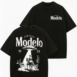 Modelo UFO Cowboy Graphic-Shirt – Vintage Washed Cotton Retro Streetwear Tee With Cerveza Modelo Letter Print, UFO Western Cowboy Desert Scene Design, Y2K Oversized Casual Short Sleeve Men's Summer Fashion