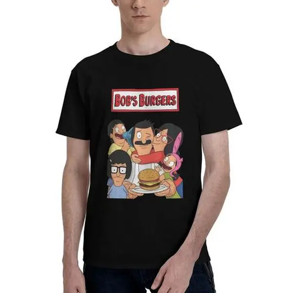 Men's Soft "Bob Burger" Pattern Cotton Tshirt - Menswear Short-Sleeve Round-Neck Top, Suitable for Casual Wear & Outdoor Activities, Streetwear, Garment, Shortsleeve, Simple, Bob’s Burgers, Elastic Softness