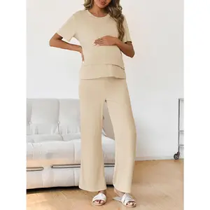 FMEYOA Comfy Women Postpartum Maternity Pajamas 2 Piece Sets Rib Short Sleeve Nursing Tops and Elastic Waist Pants Loungewear