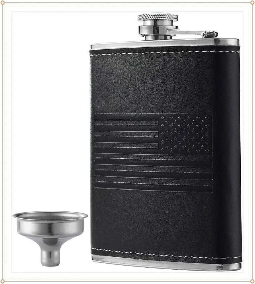 Stainless Steel American Flag Flask, Soft Touch Cover Liquor Flasks 8oz | Leak Proof Black PU Leather Heavy Duty Hip Set, Includes FunnelGift
