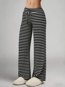 Women's Black & White Striped Flare Pants, Soft Knit Drawstring Bottoms For Loungewear & Weekend Errands