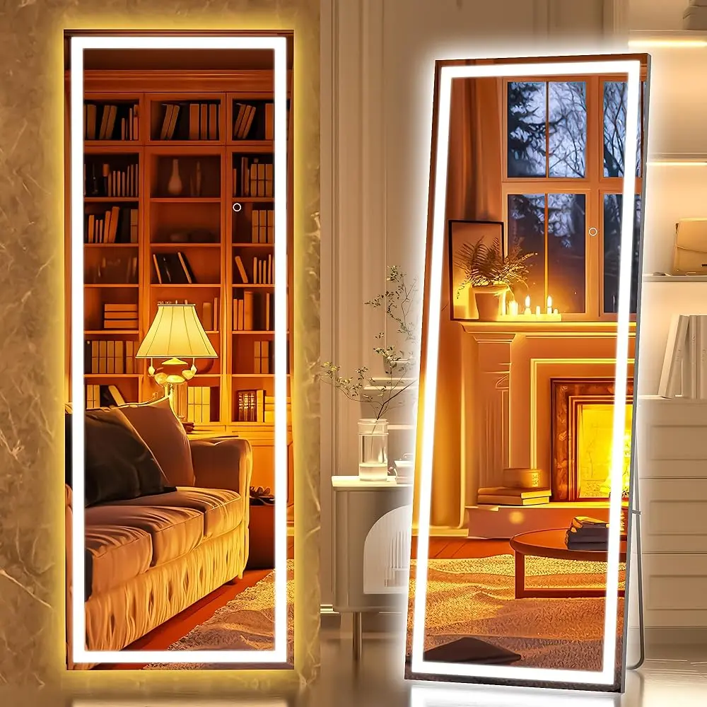 Hasipu LED Full-Length Mirror with Shatterproof Glass - 180-Bead LED Strip, 3-Color Dimming Lighting, Aluminium Frame, Wall-Hanging, Energy-Efficient, HD Reflection, for Home Interior Room Decor