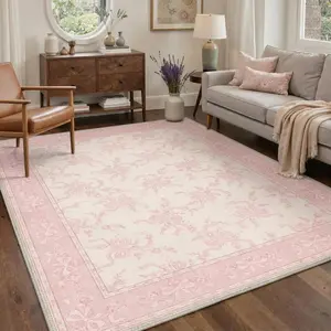 【Summervibes】GENIMO Washable Rug Machine Washable Low Pile Lightweight Non Slip Area Rugs with Floral Bows for Girls Kids Room Playroom Living Room, Bedroom, Dining Room, Flower Bow Dusty Pink