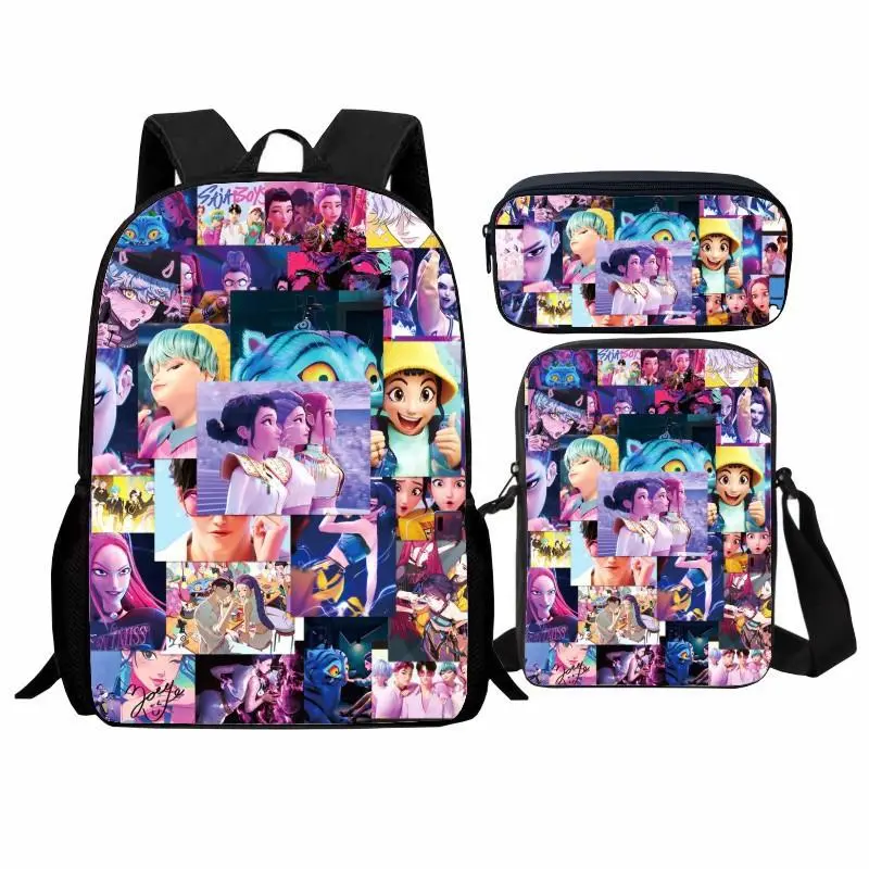 Huntrix Kpop Purple Comic Girl Group Graphic Print 3 In 1 Backpack Set Laptop Backpack Crossbody Bag Stationery Case