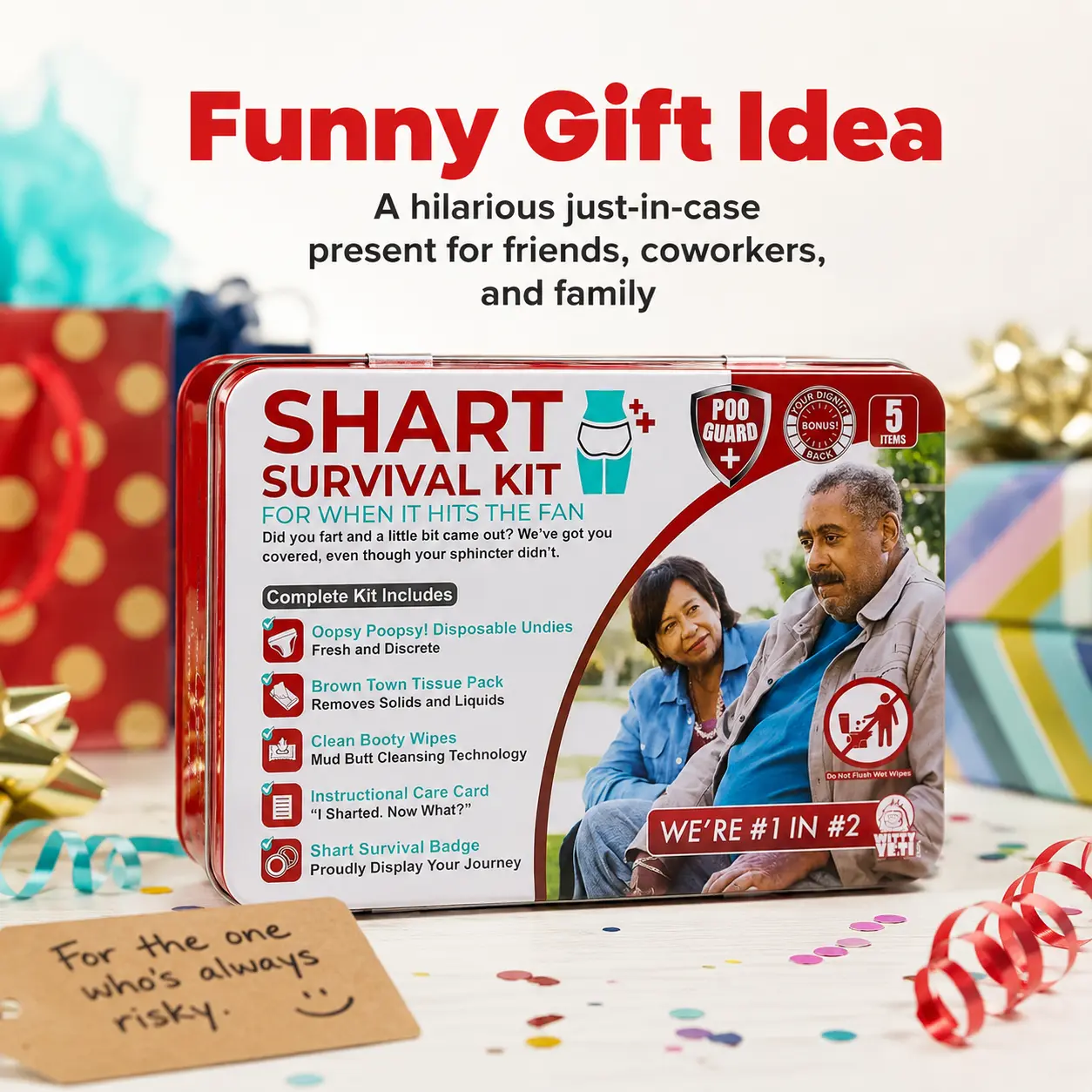 Witty Yeti Disposable Shart Survival Complete Kit - Automotive/Motorcycle Escape Tool Prank Aid with Wet Wipes, Disposable Underwear, Tissues, Hilarious Badge for Friends/Family