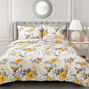 Lush Decor Penrose Floral 3 Piece Quilt Set with Floral and Bee Design, Includes Comforter and Pillow Covers