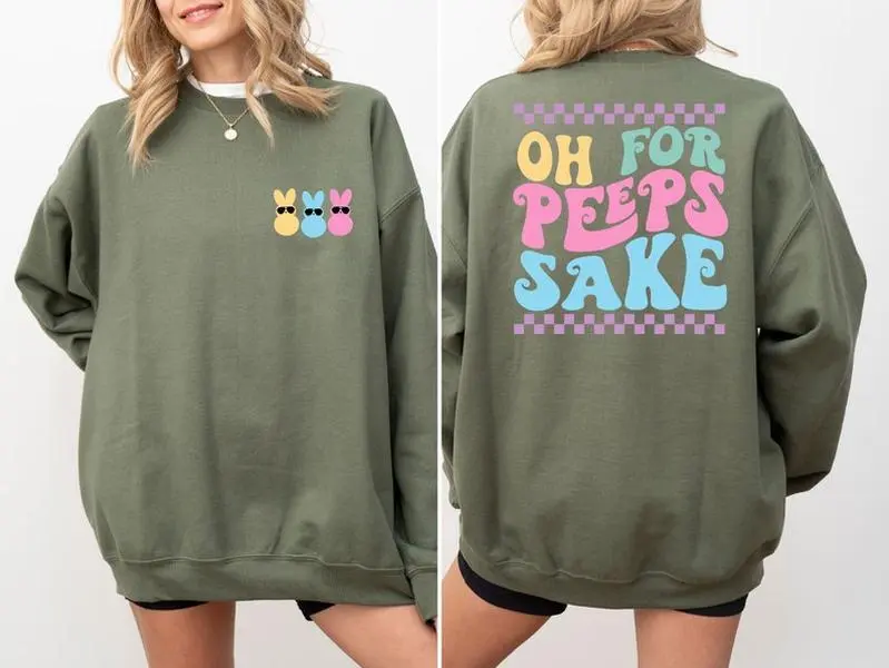 Women's Long Sleeve Round Neck Ribbed Easter Sweatshirt - "Oh For Peeps Sake" Funny Bunny Peeps Graphic Crewneck, Cute Spring Holiday Unisex Casual Gift Tops, Cotton