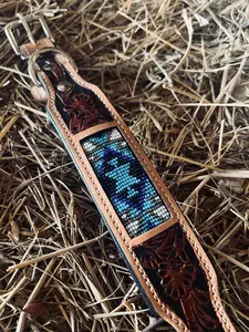 Tooled Dog Collar-Beaded Tan and Brown